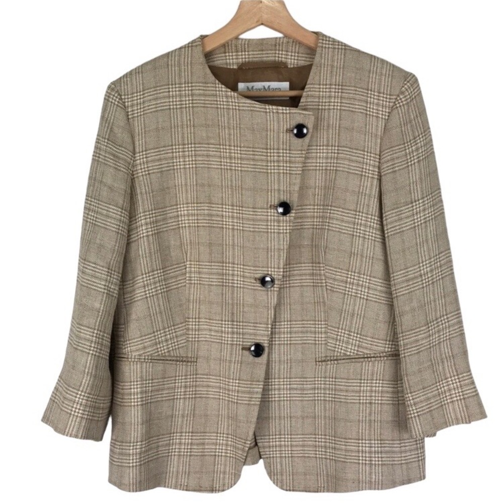 Max Mara Plaid Linen Asymmetrical Blazer Jacket